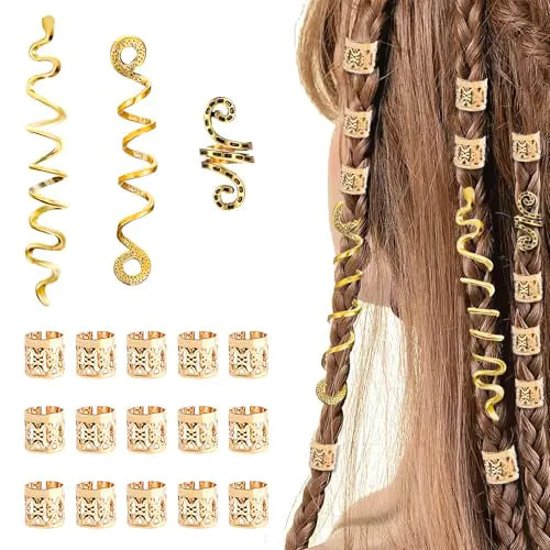 18 PCS Hair Jewelry for Braids Accessories Multiple Styles Dreads Hair Rings Hair Cuffs Clips Metal Locs Hair Charms for Women Halloween and Everyday Dreadlock Accessories Hair Decoration(Gold)