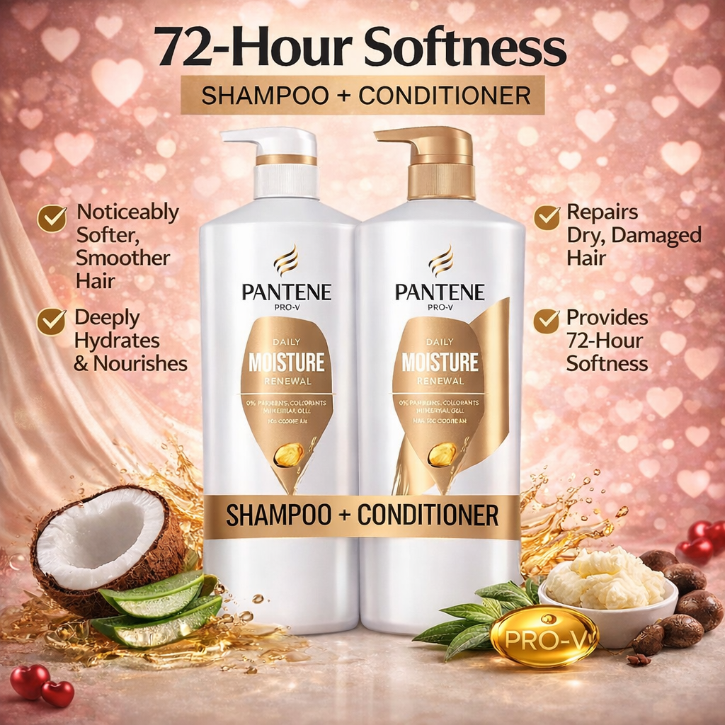 Pantene Shampoo & Conditioner Set Daily Moisture Renewal with Pro-V Nutrients for Dry Color-Treated Hair Long-Lasting Hydration & Nourishment 27.7 Fl Oz Each 2-Pack + Miracle Rescue Shot (0.5 Oz)