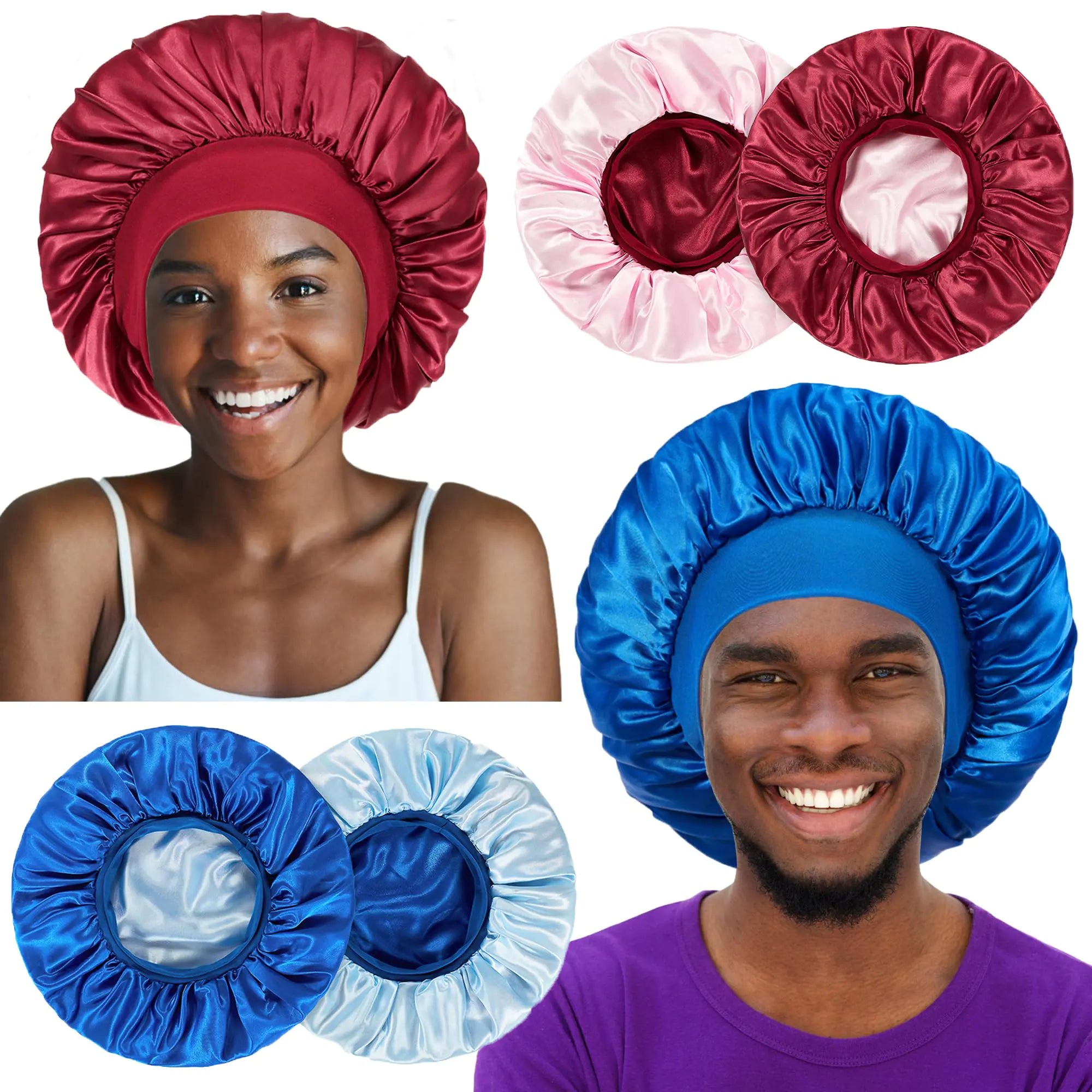 2pcs Unisex Reversible Double Layer 100% Satin Bonnet  for Sleeping Silk Hair Bonnet for Sleeping Reversible Double Layer Wide Band Bonnet for all Hair types