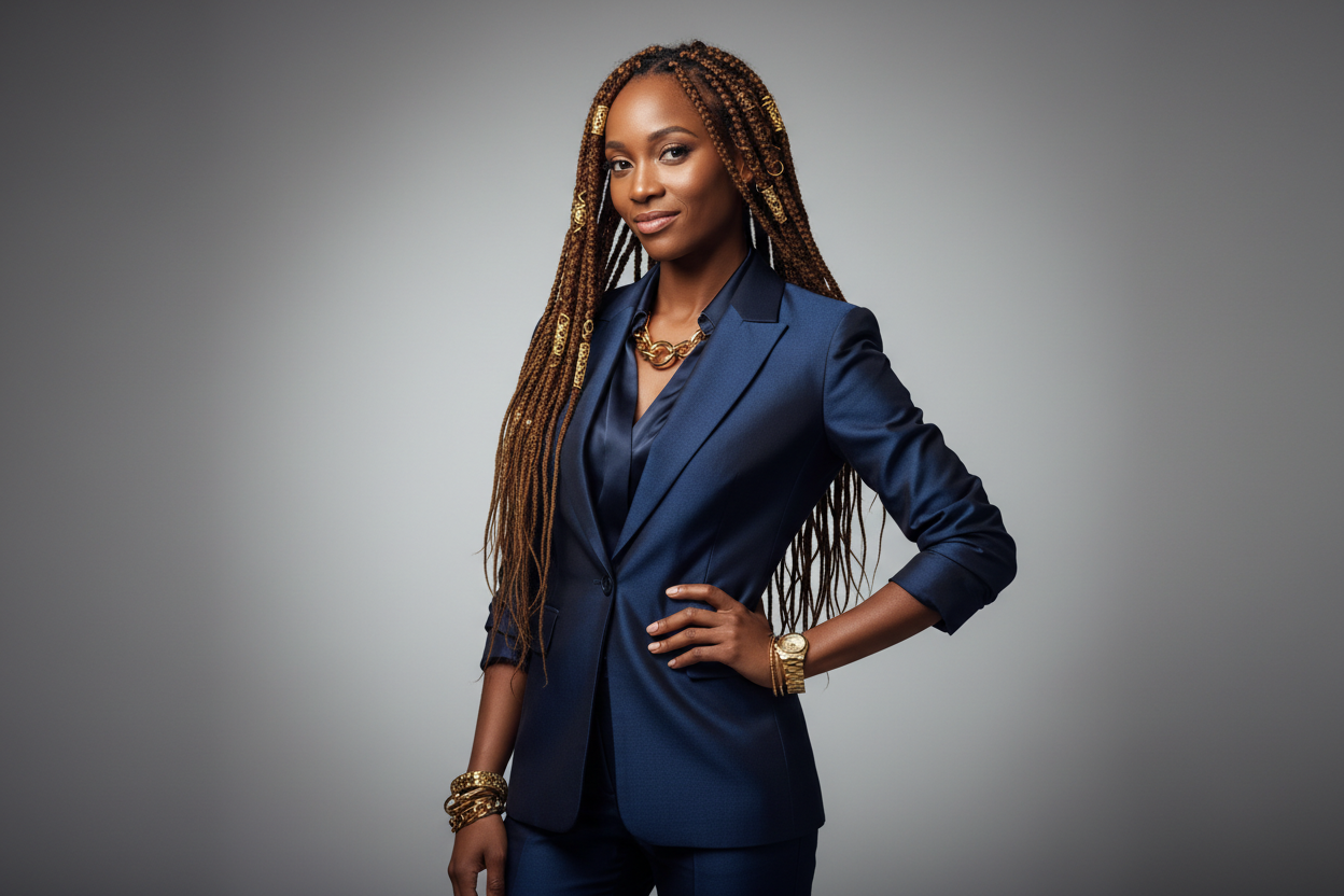 a skinny women with dread and gold decoration. make her wear a formal outfit like blaze suit and pants 